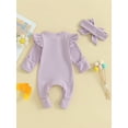 thumbnail image 5 of FEORJGP Infant Girl Spring Fall Outfit Newborn Baby Long Sleeve Bodysuit Crew Neck Romper Solid Jumpsuit with Headband Baby Loose Casual Clothes, 5 of 9