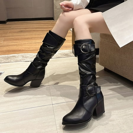 

Yinguo Fashion Women Square Heels Artificial Leather Buckle Strap Mid Calf Boots Round Toe Shoes