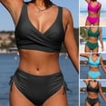 thumbnail image 5 of 1 Set Women Summer Bikini Set V-Neck Sleeveless Bra High Waist Side Drawstring Briefs Set Tummy Control Bating Suit Swimwear, 5 of 7