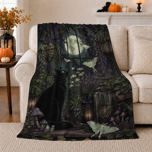 Black Cat in Moonlit Forest Graveyard, Gothic Woodland Style for Cat Lovers, Mushroom Night Scene and Halloween Gift, Soft Flannel Blanket for Den and Bedroom, Home Decor