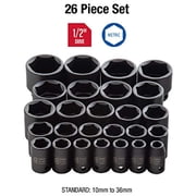 Sunex Tools 26-Piece 1/2 Drive Metric Impact Socket Set, Cr-Mo Steel, 10mm to 36mm