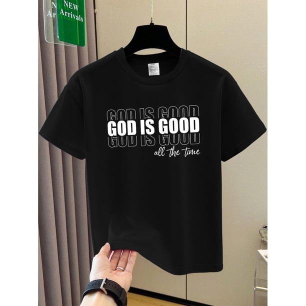 Camiseta gráfica "Dios es bueno" para niño - Camiseta informal de verano azul marino con letras blancas llamativas, tejido elástico suave, cuello redondo cómodo para niños, ropa de diario | Camiset