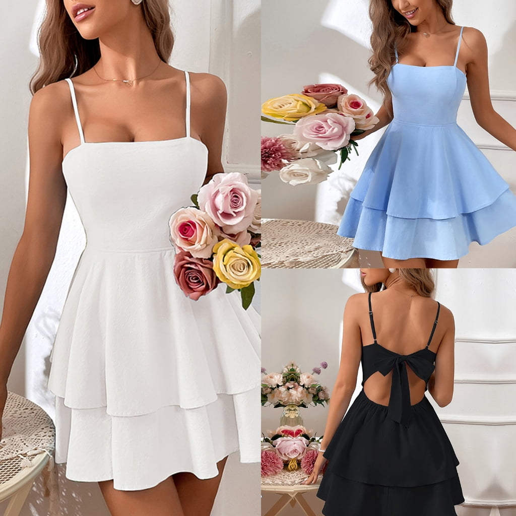 Womens Spaghetti Strap Solid Summer Tie Back Mini Dresses Sexy Square Neck Backless Ruffle Hem Swing Flowy Dress - image 4