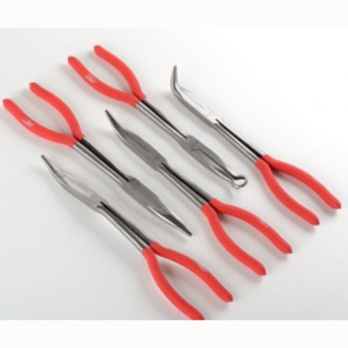 5 Piece Long Bent Needle Nose Plier Straight 90 Degree Tool Set Kit Hose and Cable
