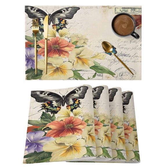 Vintage Placemats Set of 2, Butterfly Non-Slip Place Mats Washable Table Mats for Kitchen Dining Table Decorations Indoor/Outdoor