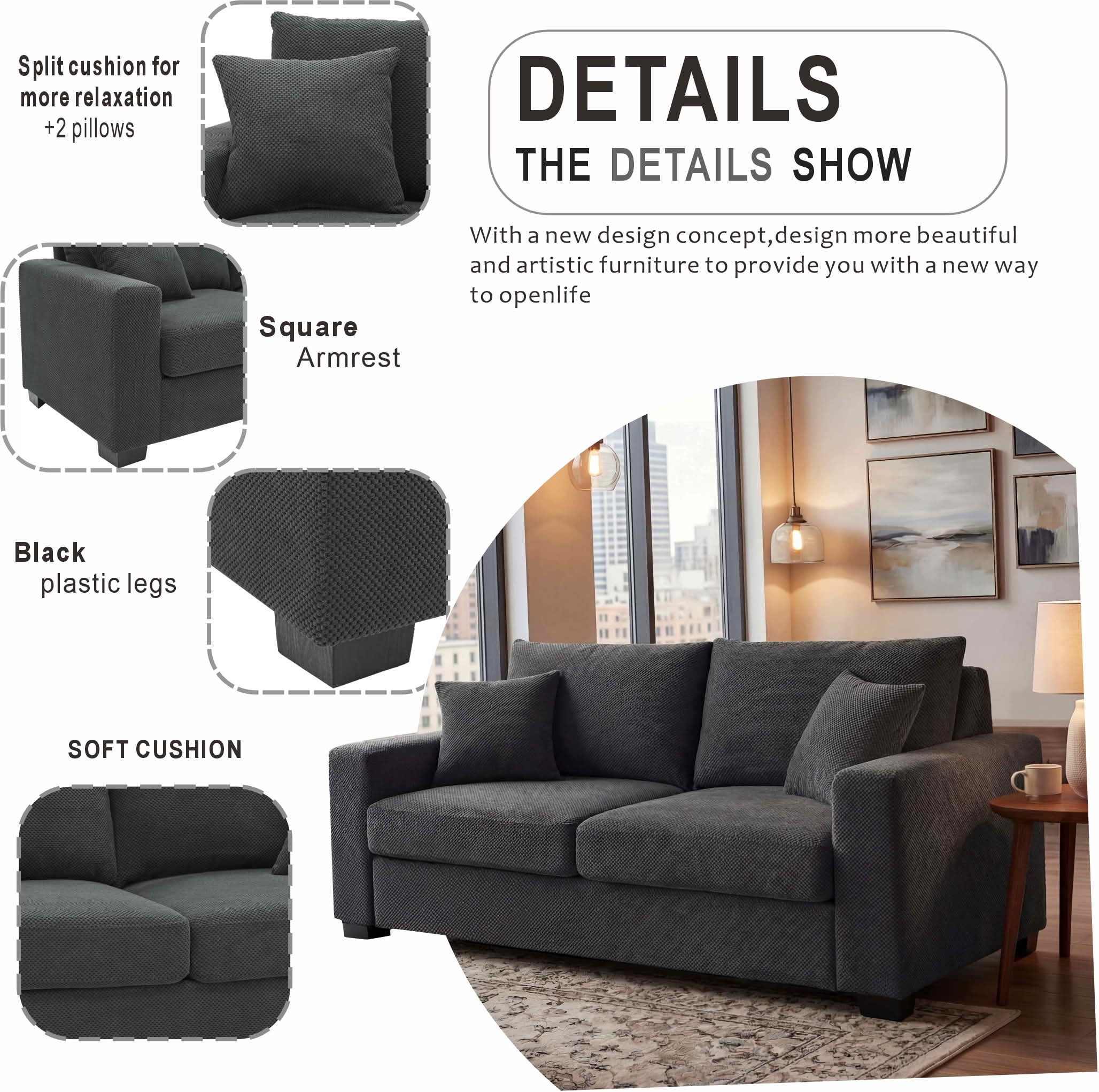 MAYEERTY 69 Inch 2‑Seater Upholstered Sofa, Textured Fabric Couch with 2 Throw Pillows and Plastic Legs for Apartment, Living Room, Home Office