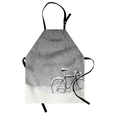 Winter Apron Bicycle Covered with Snow Cold Weather Seasonal Calm Scenery Christmas Inspired, Unisex Kitchen Bib Apron with Adjustable Neck for Cooking Baking Gardening, Taupe White, by