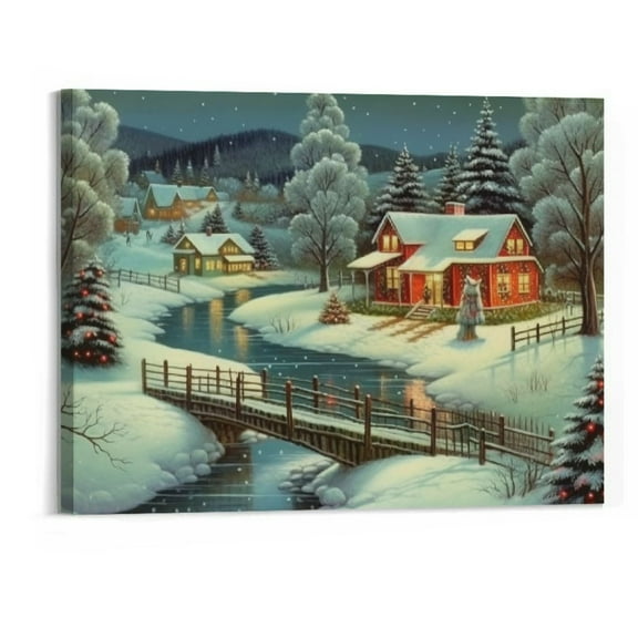 Creowell  Christmas on The Farm Wall Art, Snowy Country with Red Barn, Charming Winter Decorations, Premium Gallery Wrapped Canvas Decor, Ready to Hang-20x16inch