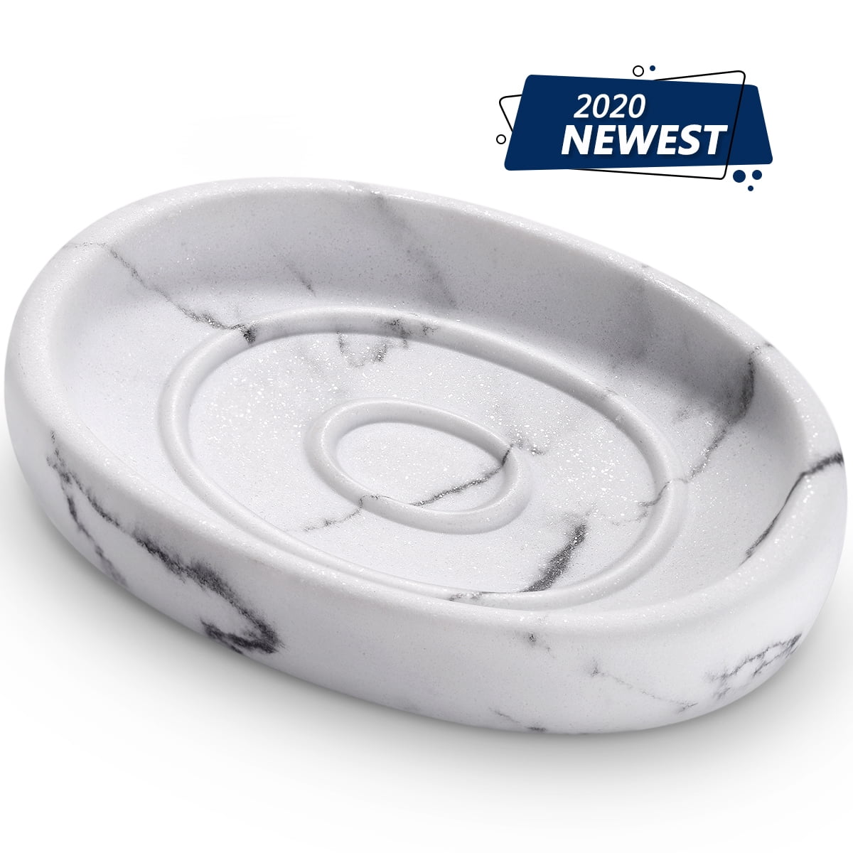 Soap Holder Oval Soap Sponge Tray Soap Case Box Saver for Bathroom Shower Kitchen Sink-White Marble Look