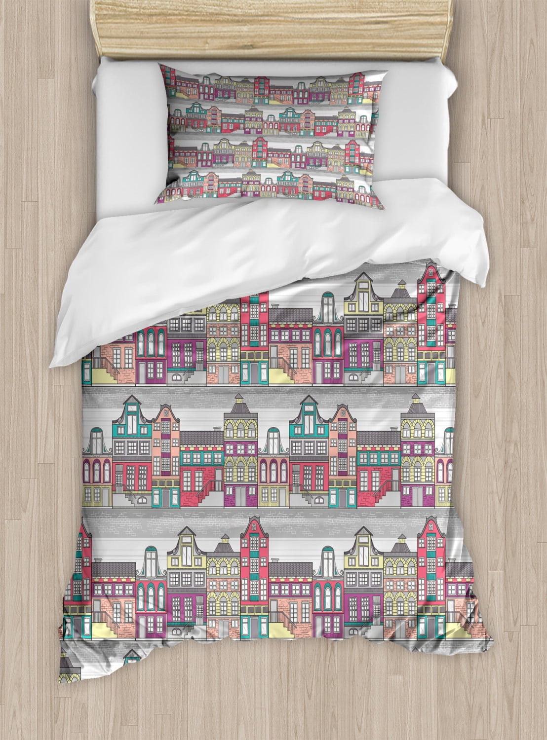 Dutch Twin Size Duvet Cover Set, Traditional Colorful Amsterdam Houses