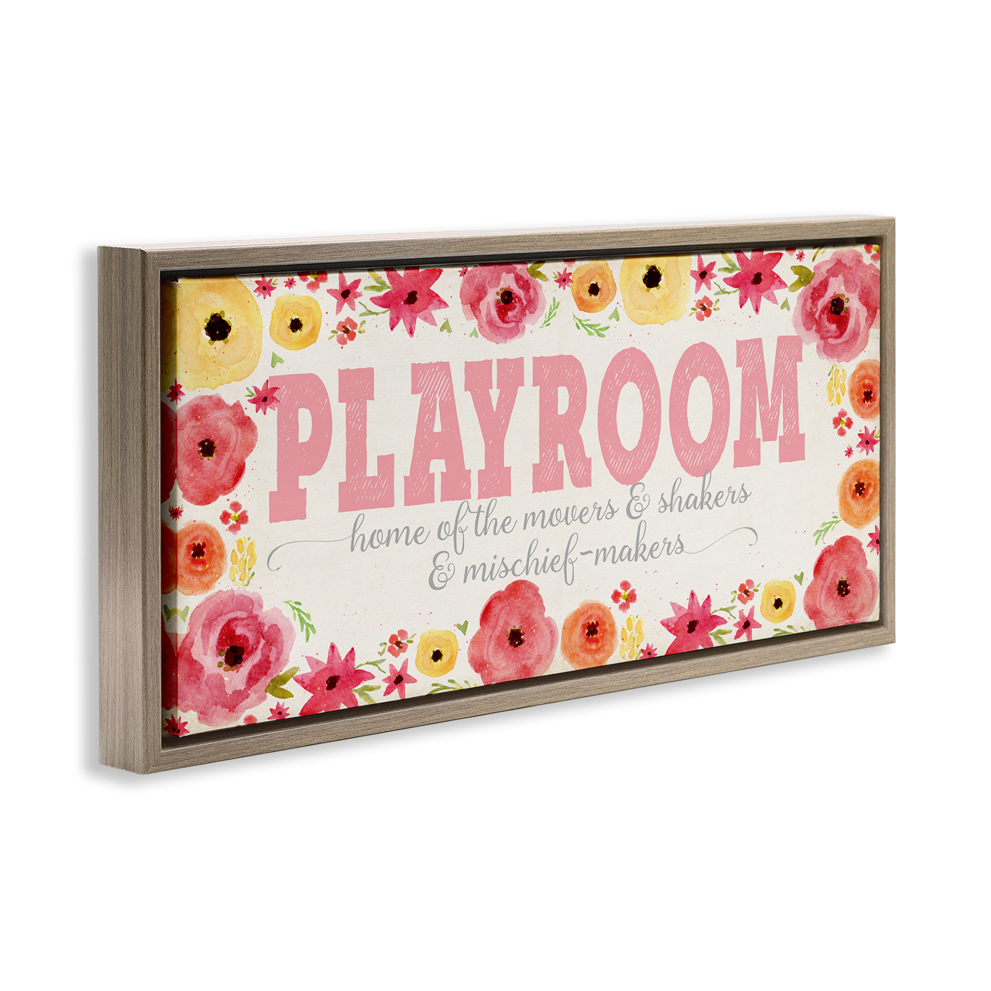 Stupell Industries Playroom Of Mischief Makers Pink Art for Kids Painting Brown Floater Framed Canvas Art Print Wall Art, 31 x 14