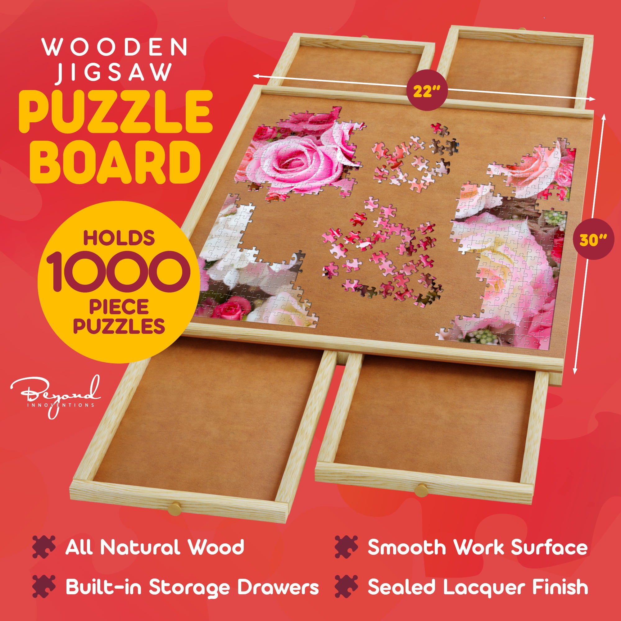 1000-Piece Wooden Jigsaw Puzzle Board - Rotating Table, 30” x 22” 4 Drawers & Cover for Adults