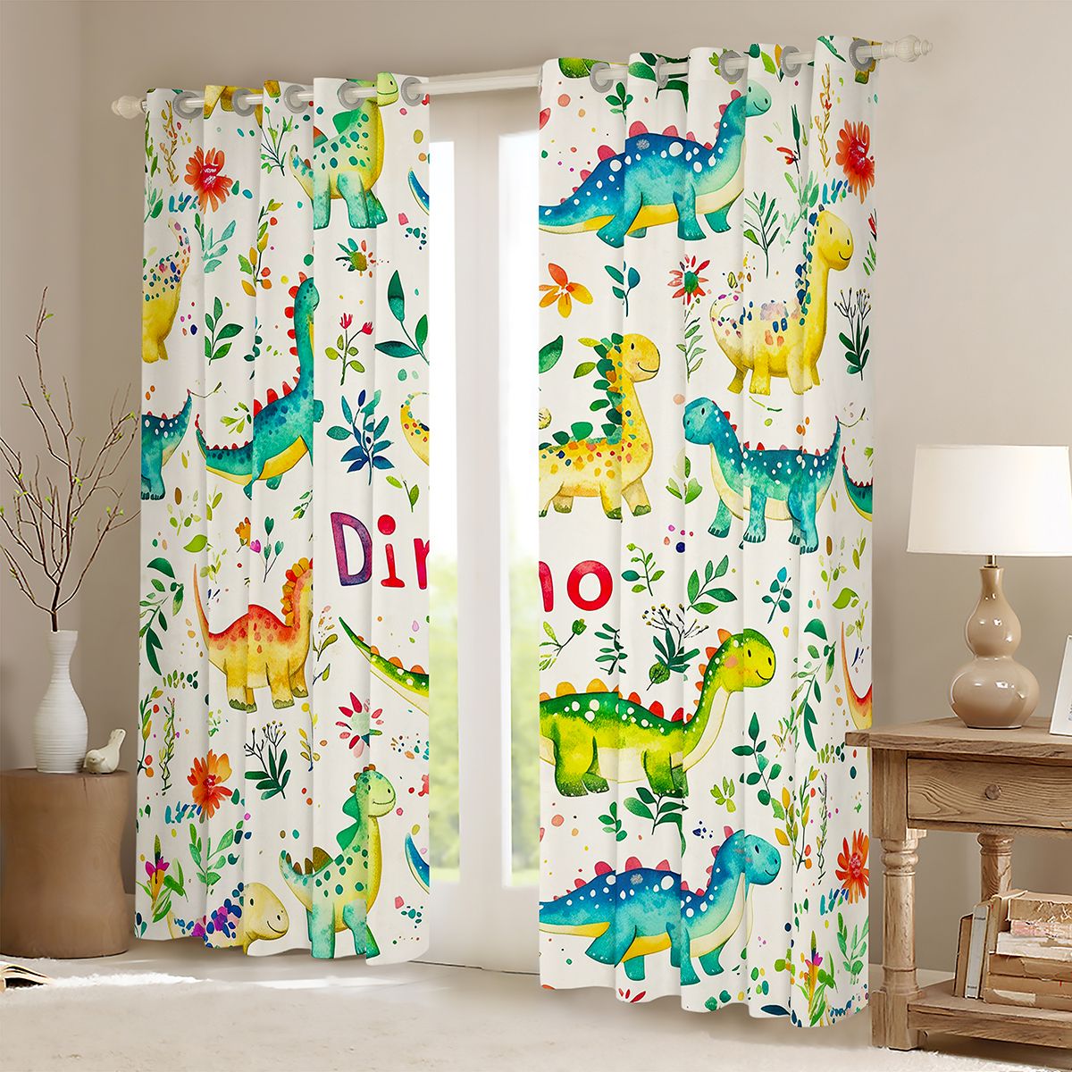 Homewish Safari Animaml Dinosaur Blackout Curtains Set of 2 (52x84 Each),Watercolor Graffiti Dino Window Curtains,Beige Green Blue Curtains and Drapes For Boy Kids,Microfiber Bedroom Decor
