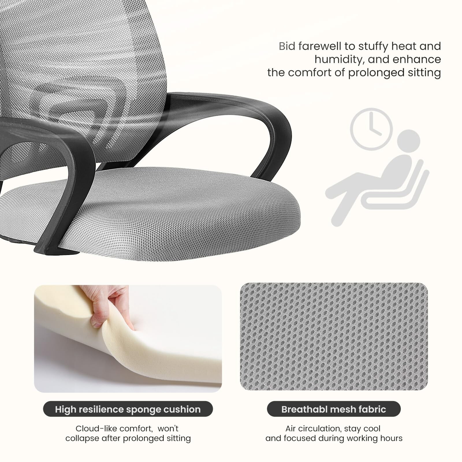 Kelno Mid-Back Mesh Office Chair 250lb Capacity Ergonomic Desk Chair with Lumbar Support Adjustable Height Rocking Task Chair, Gray