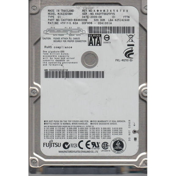 MJA2320BH G1, PN CA07083-B44600SN, Fujitsu 320GB SATA 2.5 Hard Drive