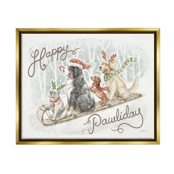 Stupell Industries Happy Pawliday Dogs Holiday Painting Gold Floater Framed Canvas Art Print Wall Art, 21 x 17
