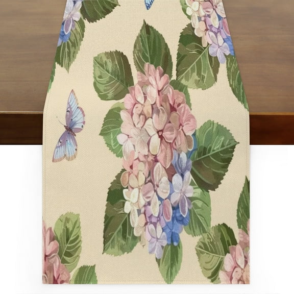 Qzaxky table runner Hydrangea Butterfly 13 x 36 Inch, Spring Summer Table Runner Green Floral Table Runner Decoration for Indoor Outdoor Home Dinner Party Wedding Decor