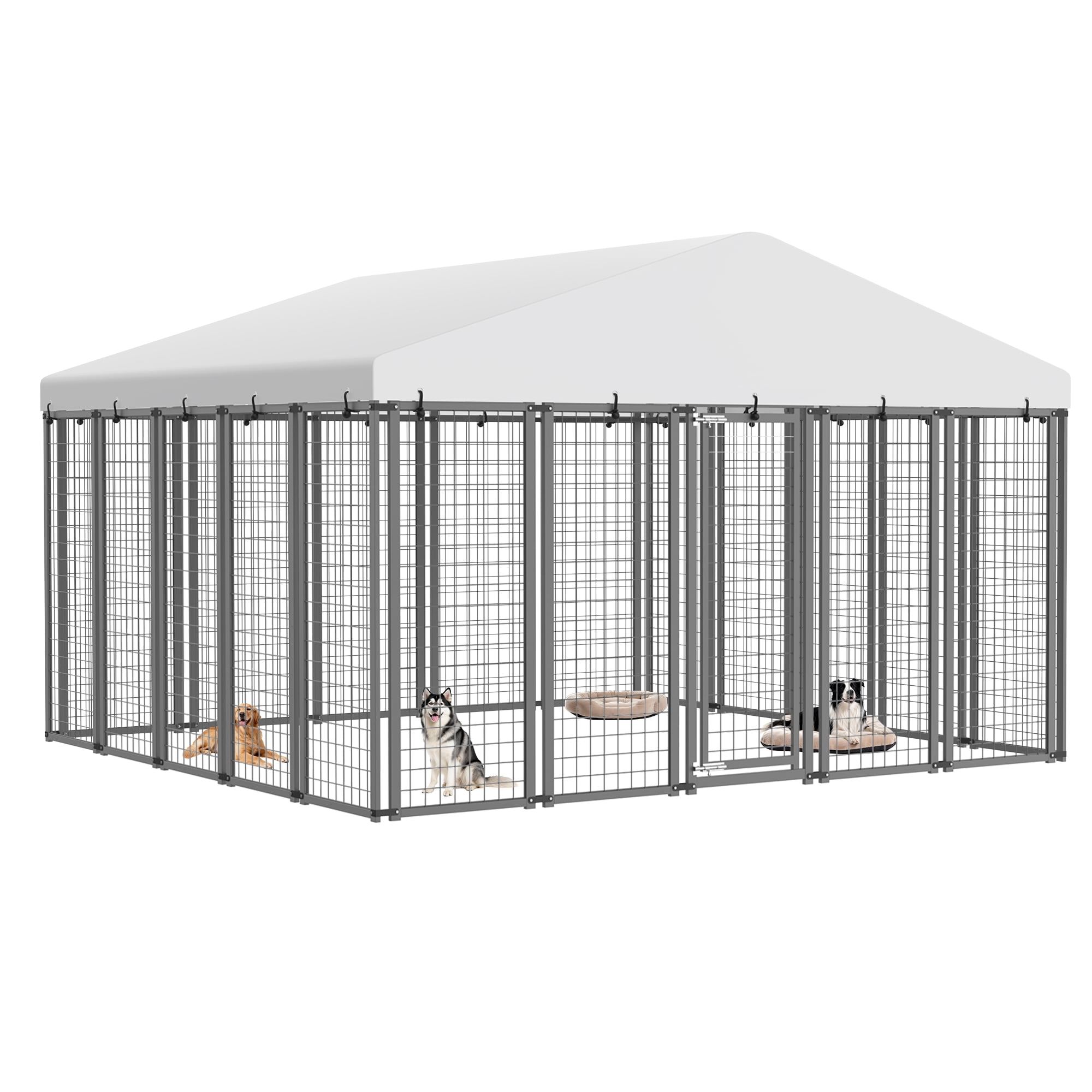 YOKWOK 10.4x10.2 ft Outdoor Dog Kennel with Anti-Rust Galvanized Welded Wire Steel, Heavy Duty Dog Enclosure with Waterproof Roof Cover and Secure Lock for Outside Use