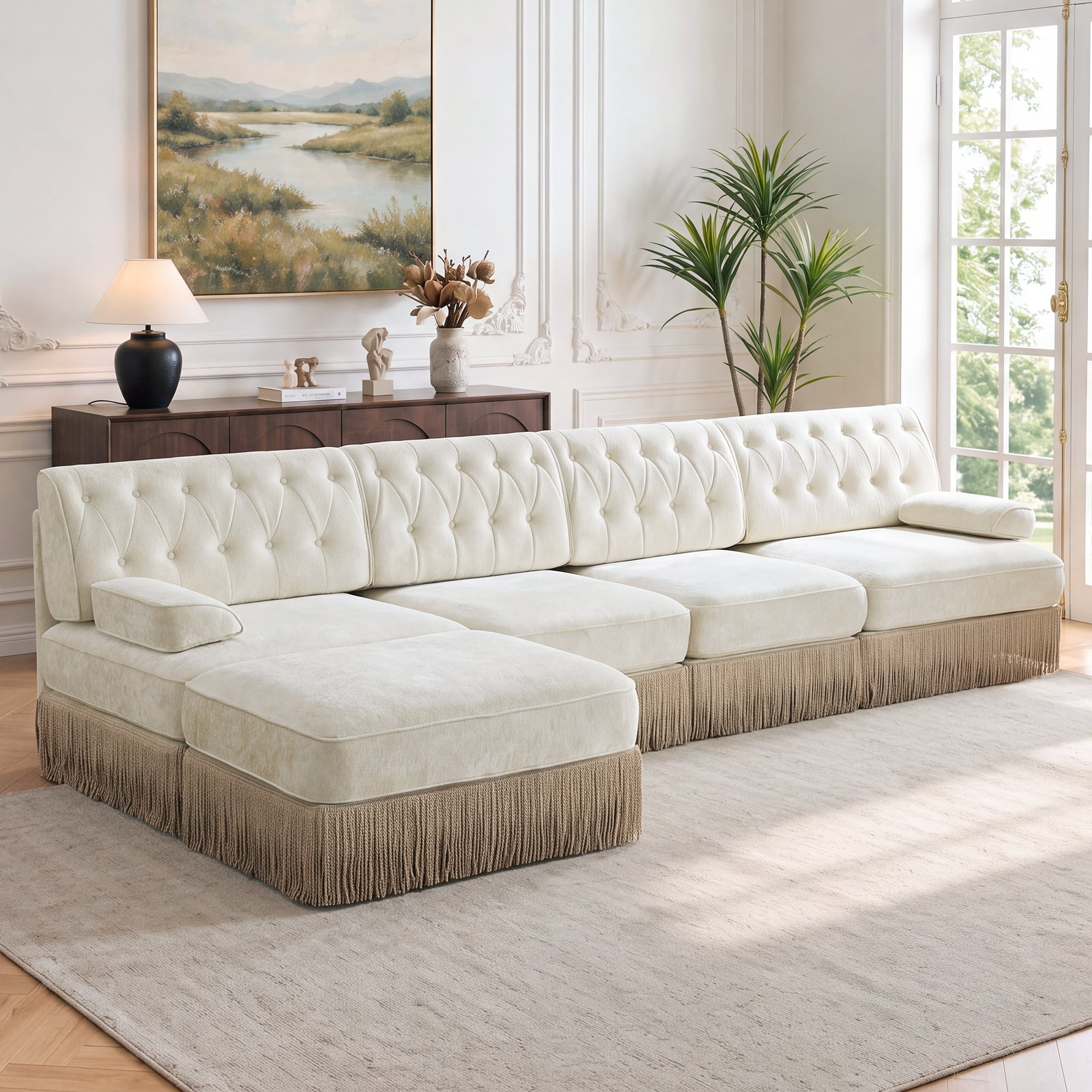 135" Chesterfield 4 Seater L-Shaped Modular Sectional Sofa Set with Ottoman and Tassel Skirt, Easy to Assemble