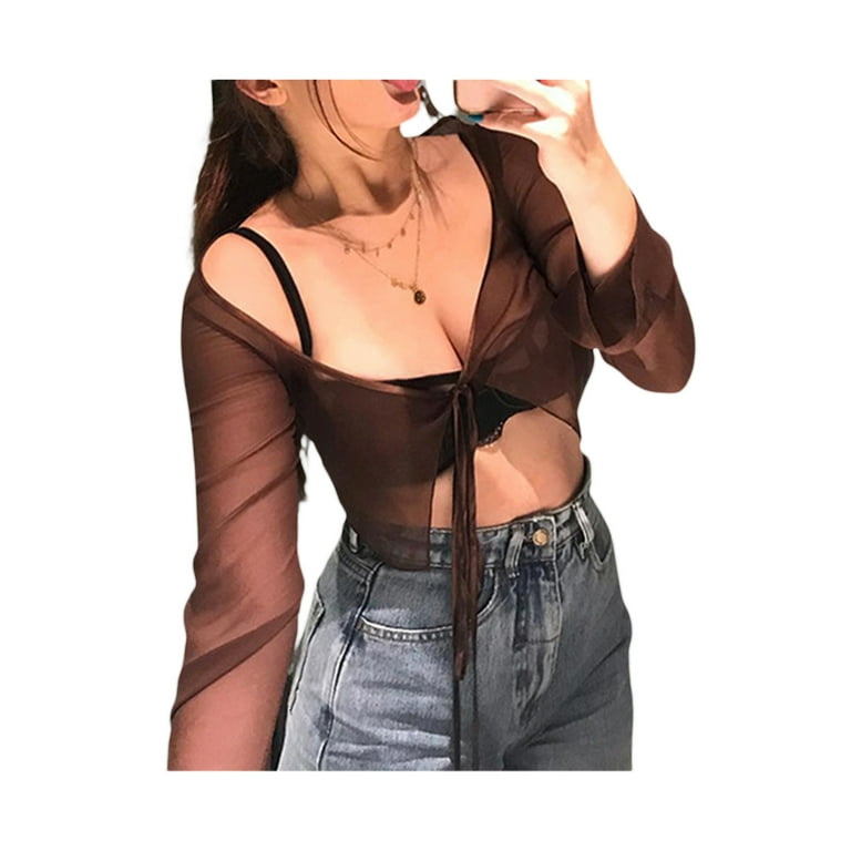 Women's Mesh Sheer Tie Up Open Front Long Sleeve Crop Top T Shirt