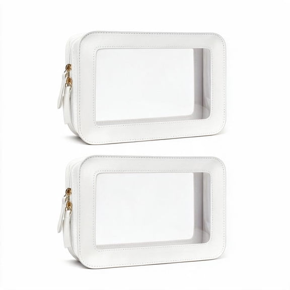 2 Pack Clear Makeup Bag , White Transparent Cosmetic Pouch with Gold Zipper, Travel Toiletry Bag