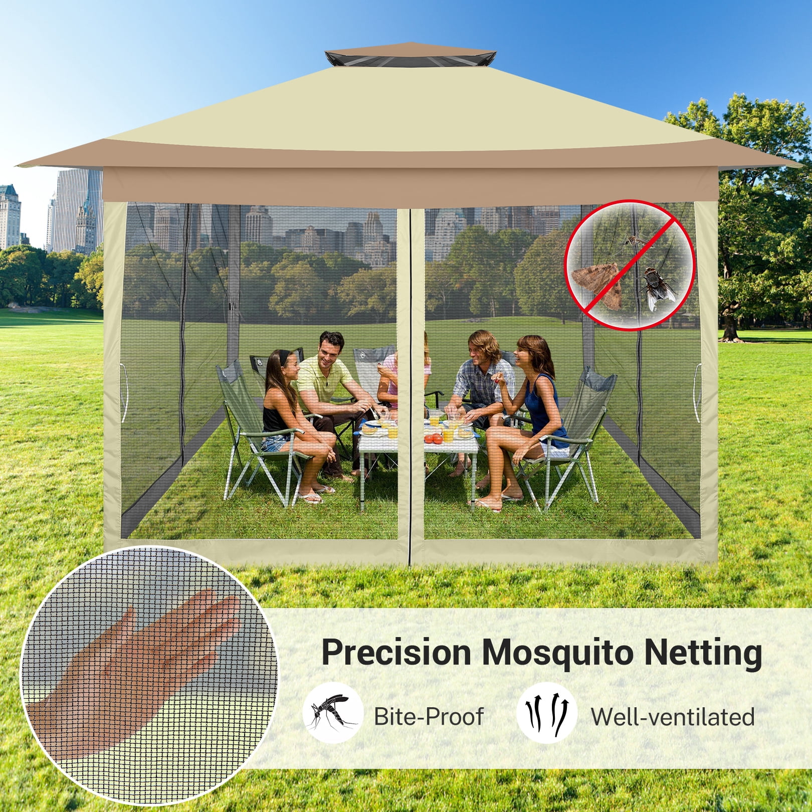 COBIZI 12x12 Outdoor Gazebo Pop Up Gazebo Canopy with Mosquito Netting Patio Tent Backyard Canopy with 2-Tiered Vented Top 3 Adjustable Height, Beige
