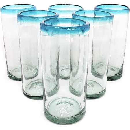Blue Rim 20 oz Tall Iced Tea Glasses, set of 6, Mexican Handmade Glassware, Recycled Glass, Lead & Toxin Free (Tall Iced Tea)