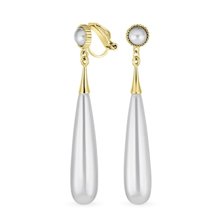 Bling Jewelry Womens Bridal Column Faux White Pearl Long Dangling Cocktail Chandelier Clip-on Earrings Gold Plated