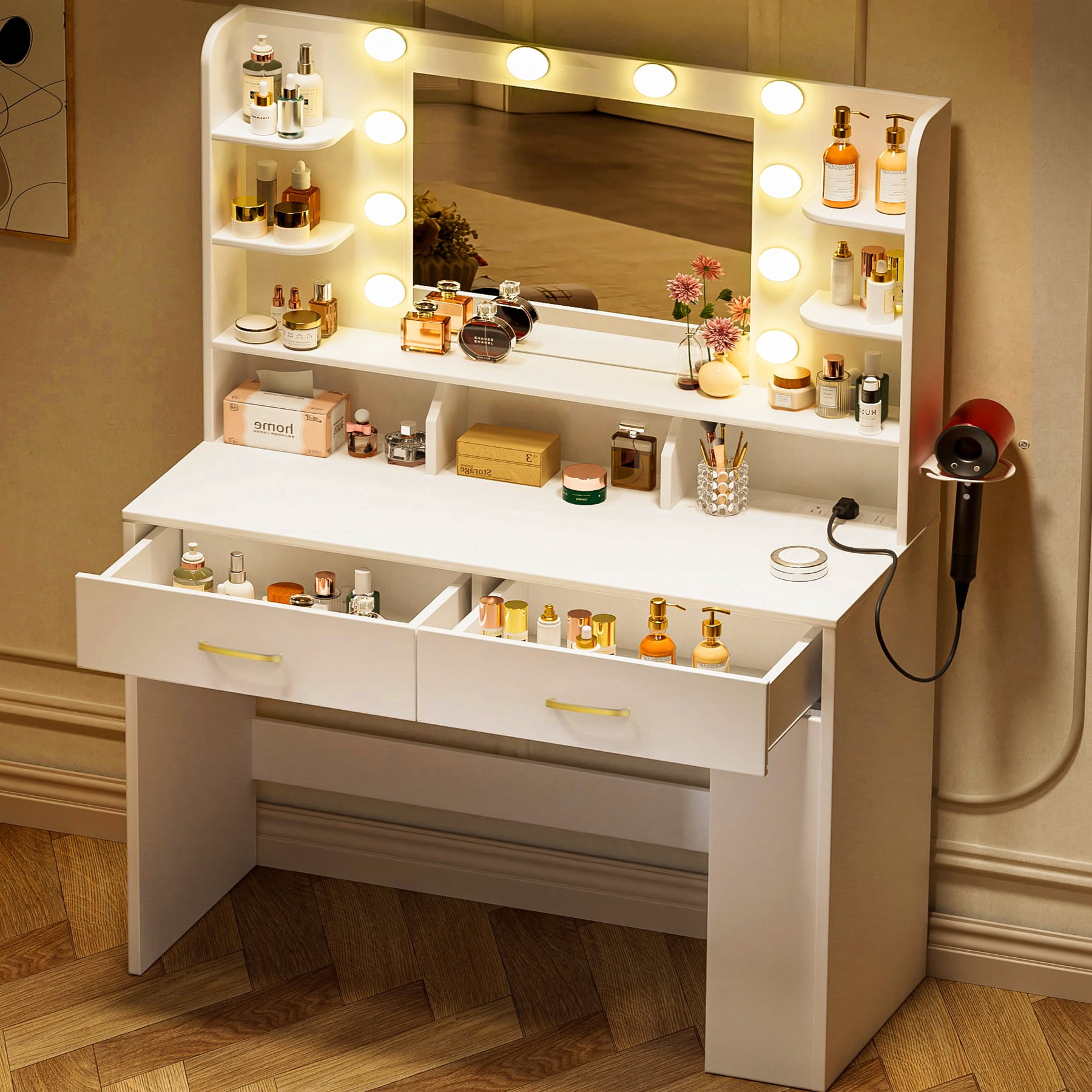 COMHOMA  Vanity Desk with Mirror and Lights, Hairdryer Holder, 5 Drawers, Bedroom Dresser Table for Girls
