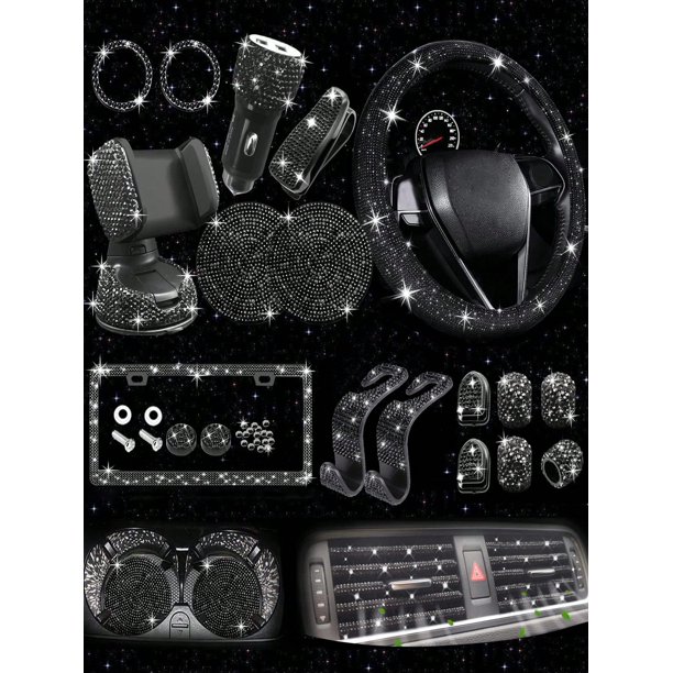27pcs Women's Car Accessories Kit, Including: 1pc Universal Steering Wheel Cover 15inch, 1pc Phone Holder, 1pc License Plate Frame, 10pcs Car Air Vent