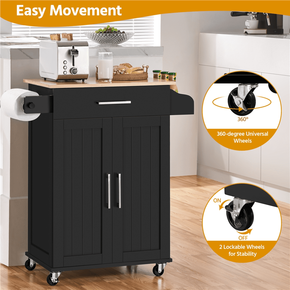 Alden Design Rolling Storage Kitchen Cart with Pull Out Drawer, Black