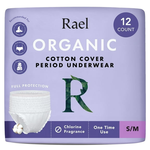 Rael Disposable Underwear for Women, Organic Cotton Cover - Incontinence Pads, Postpartum Essentials, Disposable Underwear, Unscented, Maximum Coverage (Size S-M, 12 Count)