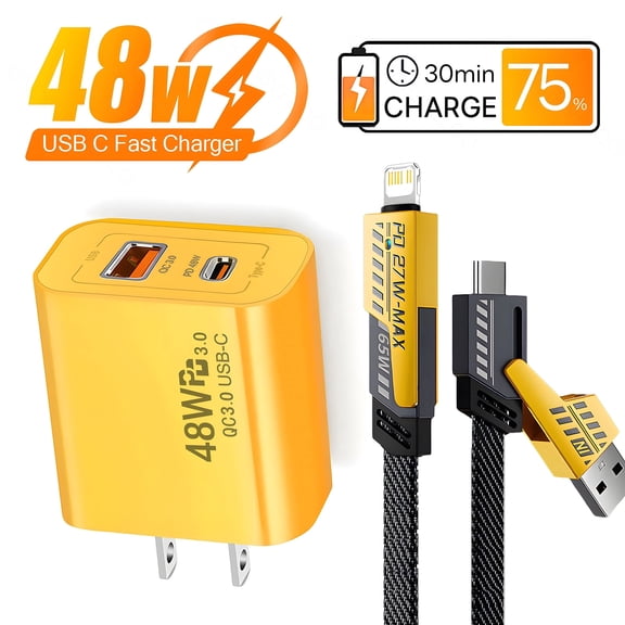 48W Dual Port USB C Fast Charger with 4-in-1 Cable, Fast Charging Wall Adapter with 6.6FT Cable Compatible with iPhone, Samsung Galaxy, iPad and Android Phones