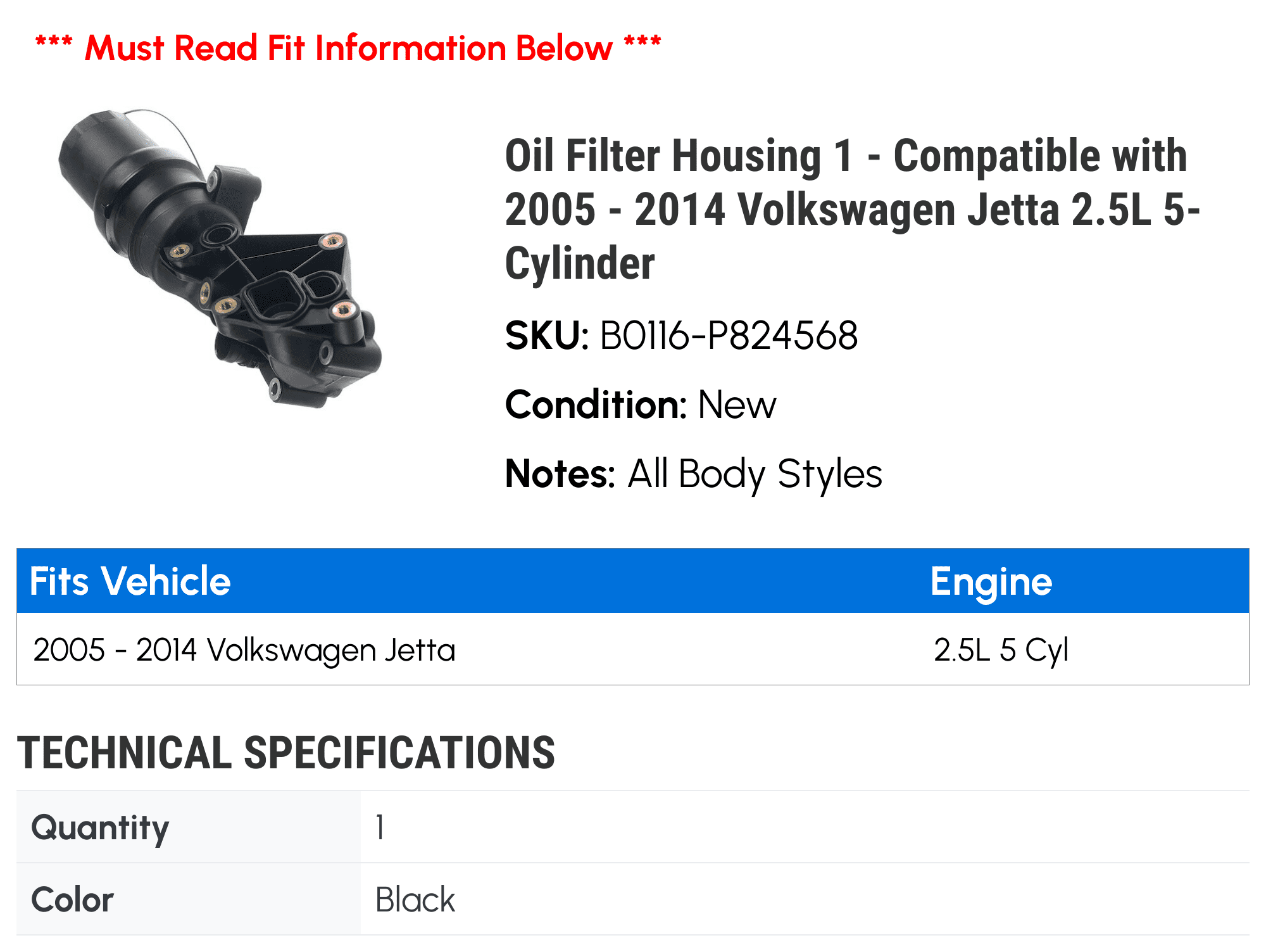 Oil Filter Housing 1 - Compatible with 2005 - 2014 Volkswagen Jetta 2.5L 5-Cylinder - Autopart Premium