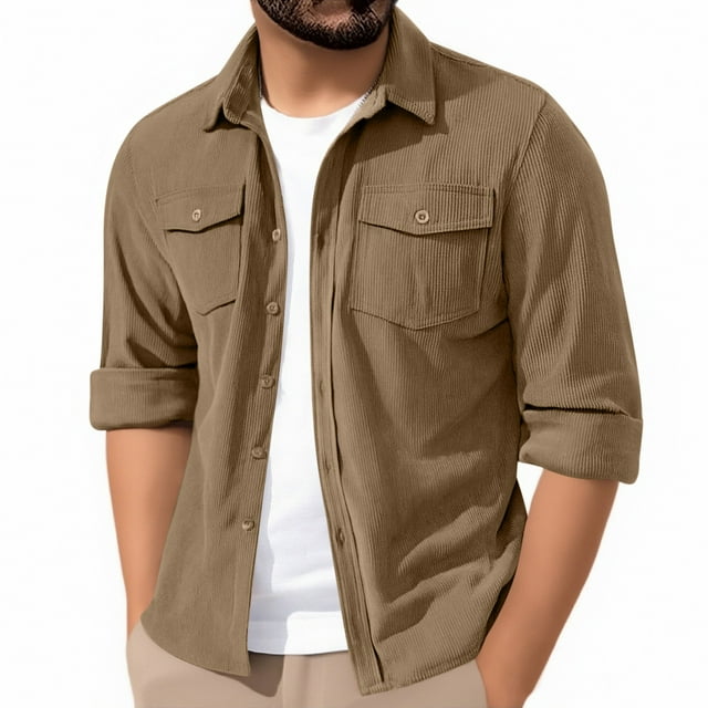 Chemise-veste en Velours Côtelé pour Hommes - Surchemise Décontractée à Manches Longues avec Poches à Double Rabat