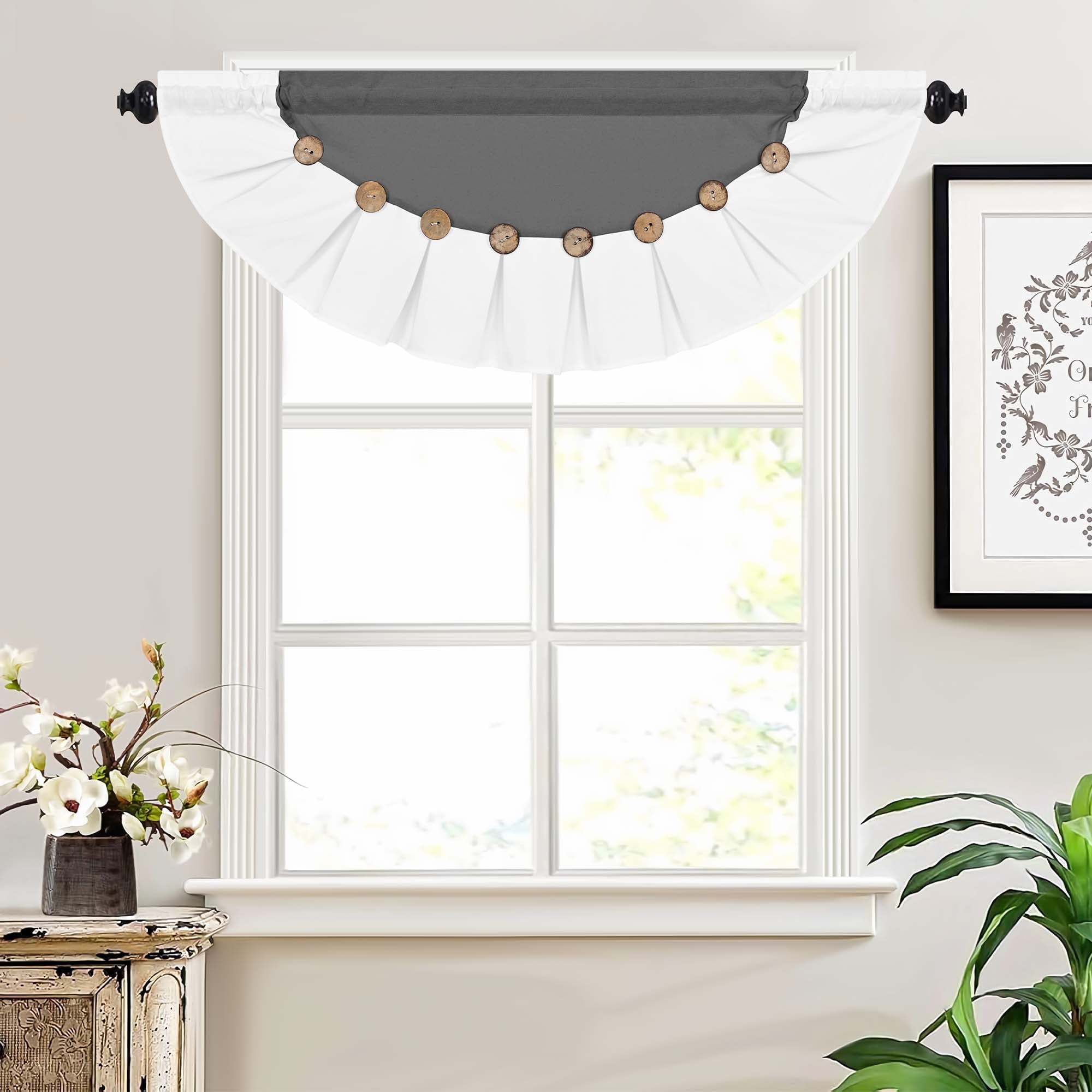 Alishomtll Linen Valance Farmhouse Boho Button Kitchen Curtains ,Rod Pocket,18"L x 52"W, Gray White