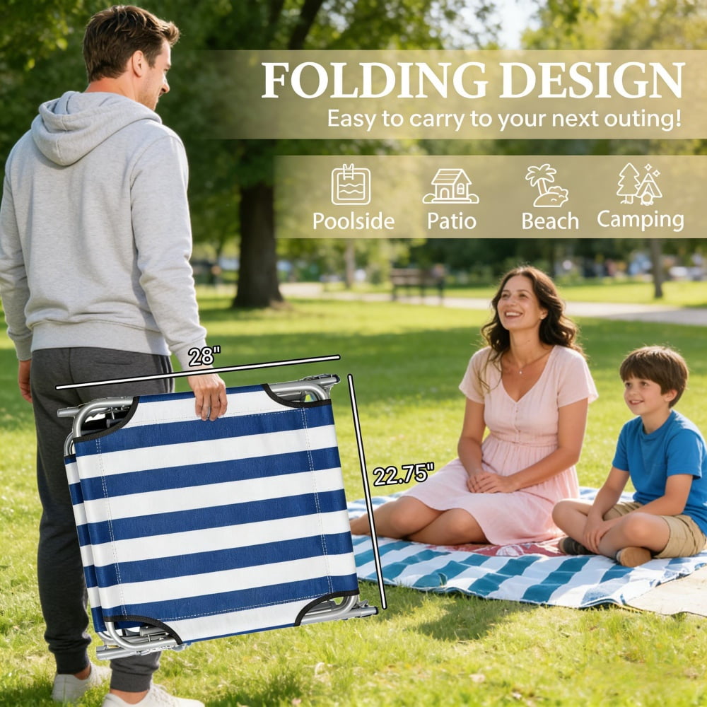 Outdoor Folding Chaise Lounge with Detachable Adjustable Awning, 4-Level Reclining Backrest, Blue & White Portable Pool Beach Lounger