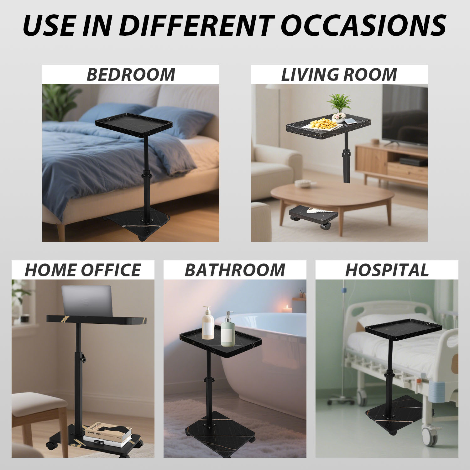 ManyFun C Table End Table Adjustable Heigh Durable MDF Top, Steel Frame, Universal Wheels, Multifunctional Tea Table-(Black and Gold)