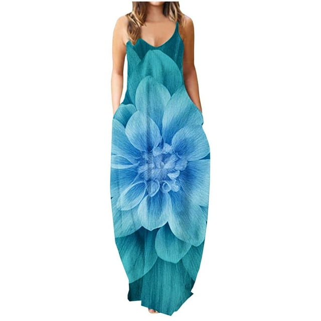 Robe Décontractée pour Femmes Été Sans Manches Grande Taille Longue Robe Maxi avec Poches Imprimé Floral Ample Robe de Plage Robe Bohème