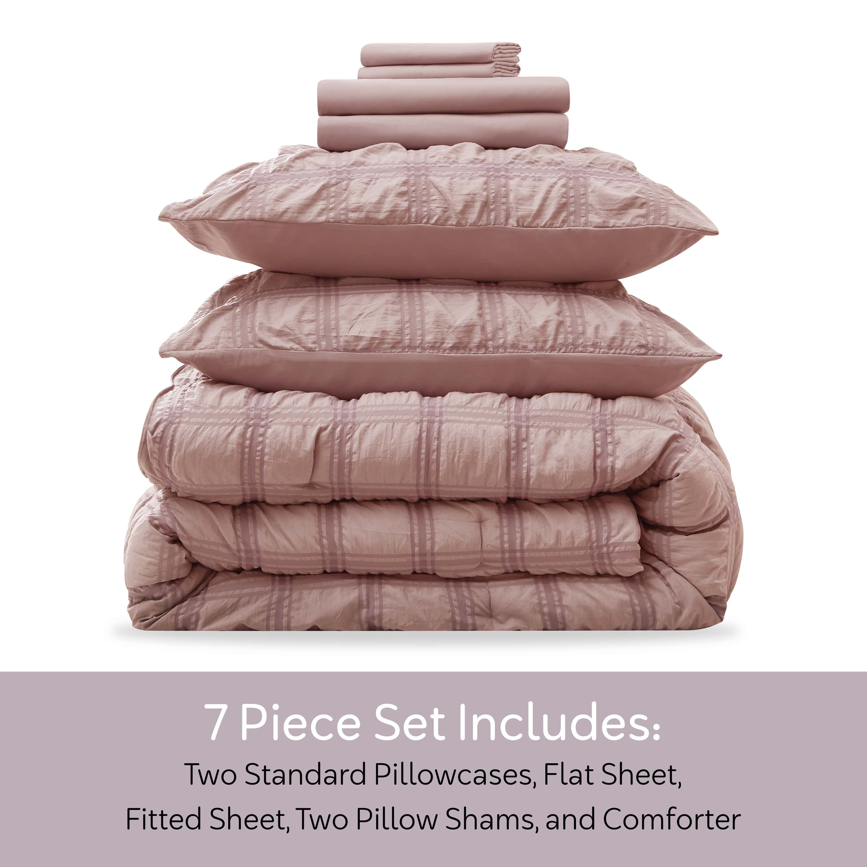 Virtu Queen Comforter Set, Seersucker Queen Size Comforter Set, 7-Pc All Season Bedding Comforter Set, Bali Blush