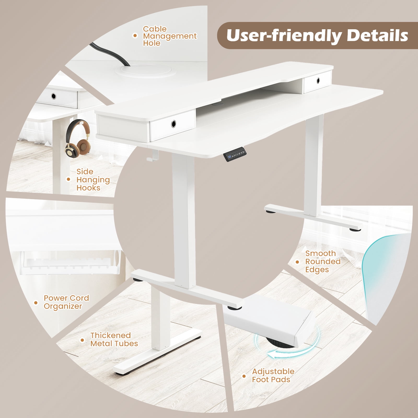 Topbuy 63" x 24" Standing Desk with Drawers Electric Stand-up Desk with Monitor Stand White