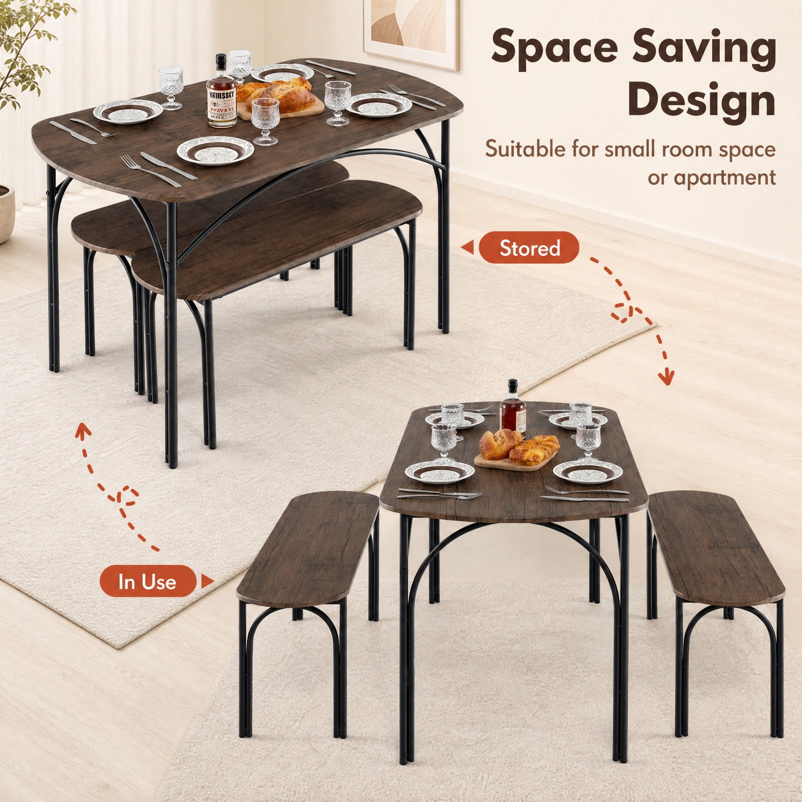 Furnibear 3 Piece Rectangular Dining Table Set for 4 with 2 Benches and Powder Coated Metal Frame for Kitchen and Apartment, Brown