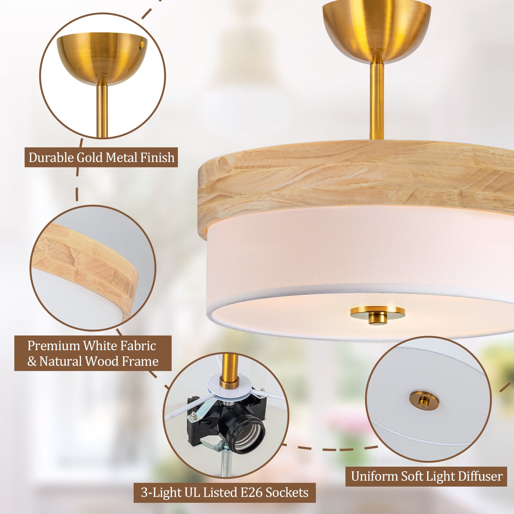 BESTOMINE Semi Flush Mount Ceiling Light Fixture,13 Inch Gold Light Fixtures Ceiling Mount, Natural Wood Frame with White Fabric Shade, Modern Flush Mount Light Fixture for Bedroom, Hallway