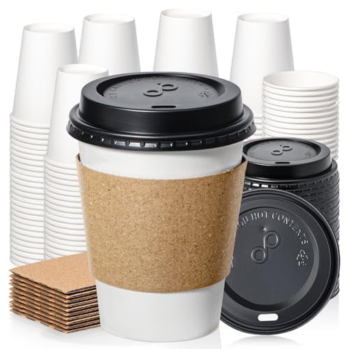 Fit Meal Prep 100 Pack 8 oz Disposable Coffee Cups with Lids, Sleeves, Leak-Proof To Go Coffee Cups with Lids, Durable Paper Cups for Hot Beverage, Home, Office, Party