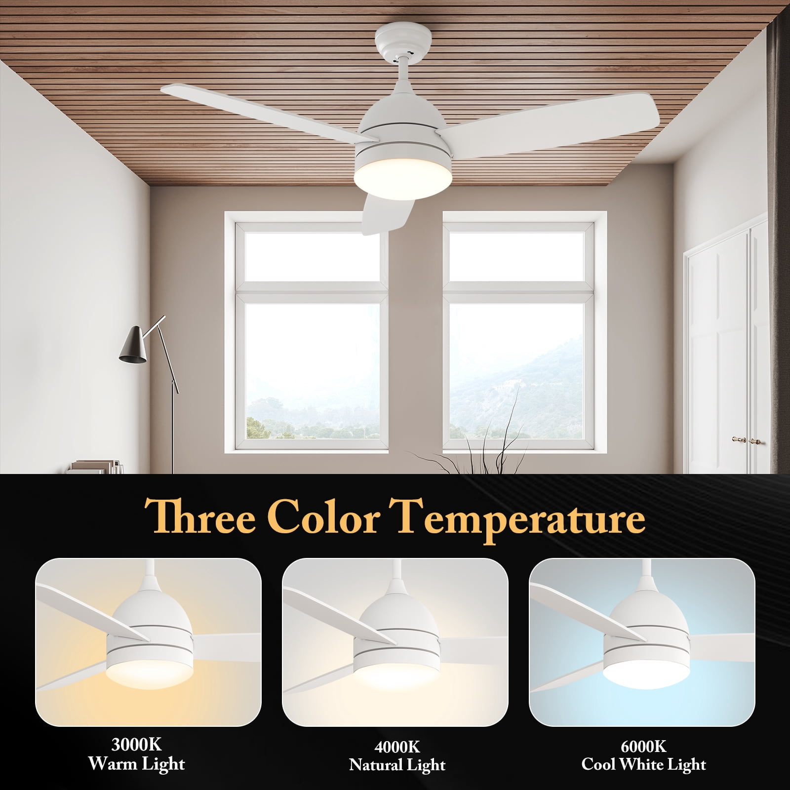Warmiplanet 48" 3-Blade Matte White Ceiling Fan - 3 Speeds, Dimmable Brightness, Remote Control