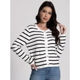 thumbnail image 3 of Women's Striped Cardigan Sweaters Trendy Long Sleeve Crew Neck Button Open Front Loose Lightweight Knit Crop Sweater, 3 of 4