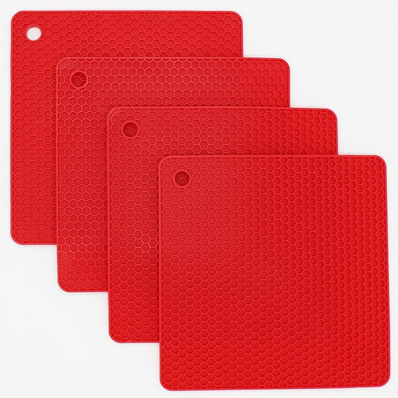 Silicone Trivets for Hot Dishes, Pots and Pans, Hot Pads for Kitchen, Red Silicone Pot Holders, Silicone Mats for Kitchen Quartz Counter Heat Resistant Mat, Flexible Table Trivet Mat Set 4
