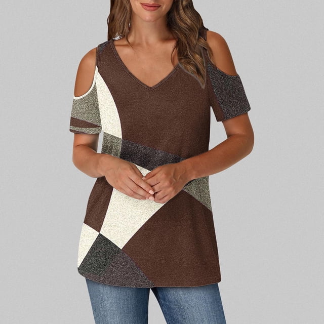 Soki Hauts pour Femmes à Manches Courtes Imprimé Color Block Col en V Épaules Dénudées Vêtements d'Été à la Mode
