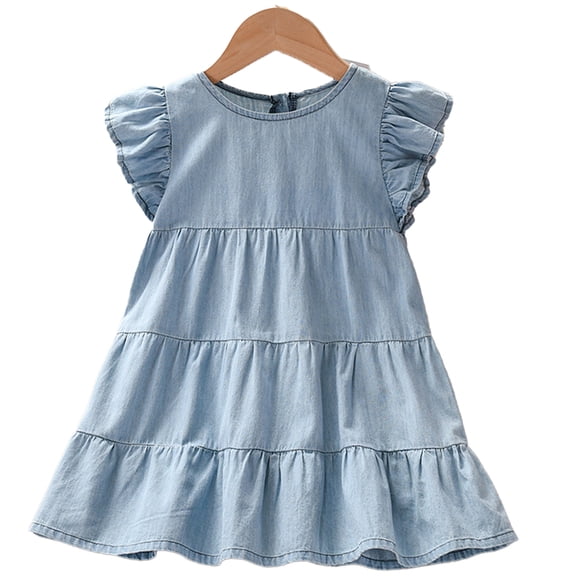 Chenyin 2-9 Years Kids Denim Dresses for Girl's Ruffled Jeans Dress Toddler Summer Crewneck Sundress for Girls