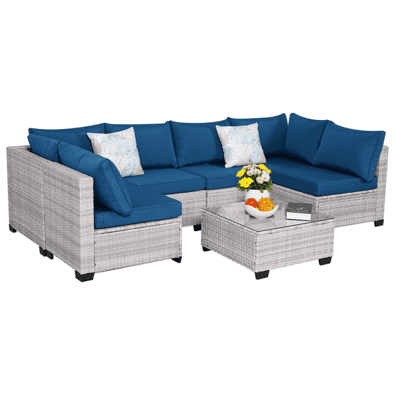 HARAISEDK 7 Piece Sectional Sofa Set Outdoor, Rattan Patio Furniture Set, Outdoor Sectional Furniture, Rattan Chairs Glass Table Wicker Conversation Seating Sectional Sofa with Cushions (Gray Blue)